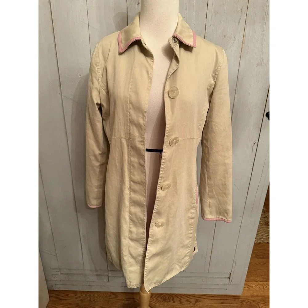 Coach Leatherware Rain Trench Coat Women's Size 4 Tan‎ & Pink Trim Cotton Lined
